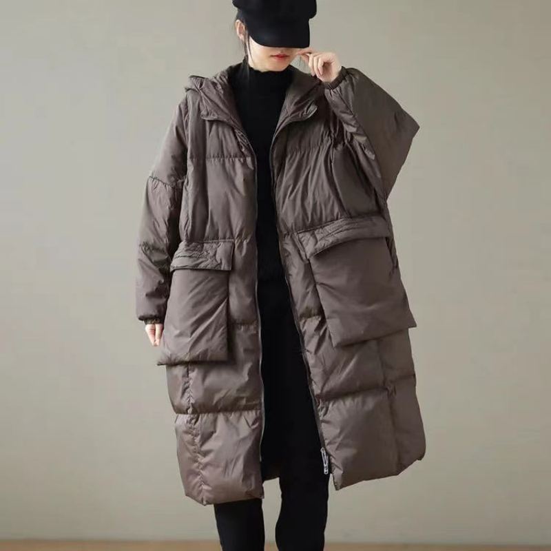 Manteau D'hiver En Duvet Vert À Capuche Et Poches Zippées Grande Taille Manches Longues - Doudounes femmes