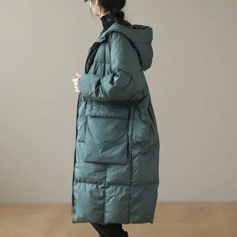 Manteau D'hiver En Duvet Vert À Capuche Et Poches Zippées Grande Taille Manches Longues - Doudounes femmes