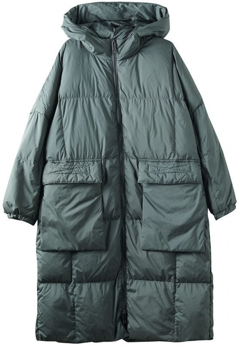 Manteau D'hiver En Duvet Vert À Capuche Et Poches Zippées Grande Taille Manches Longues - Doudounes femmes