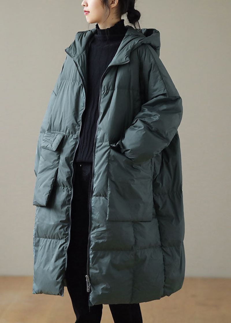 Manteau D'hiver En Duvet Vert À Capuche Et Poches Zippées Grande Taille Manches Longues - Doudounes femmes