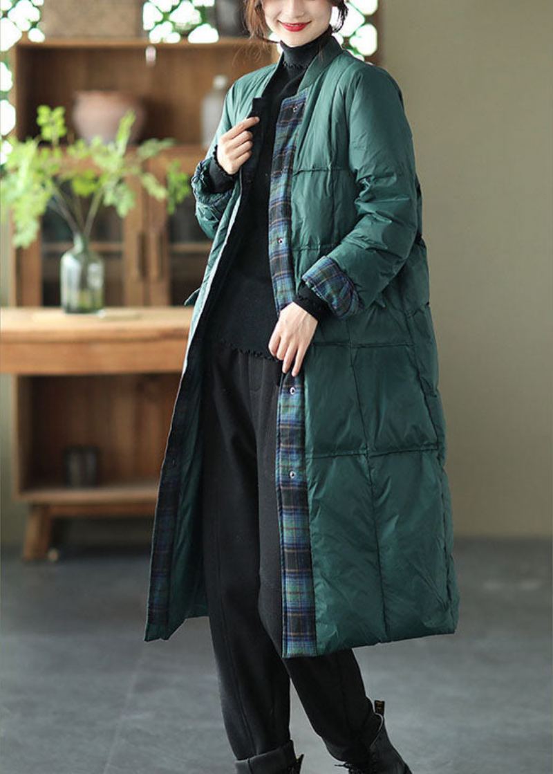 Manteau D'hiver En Duvet Vert De Luxe Avec Poches À Boutons Et Col Montant - Doudounes femmes