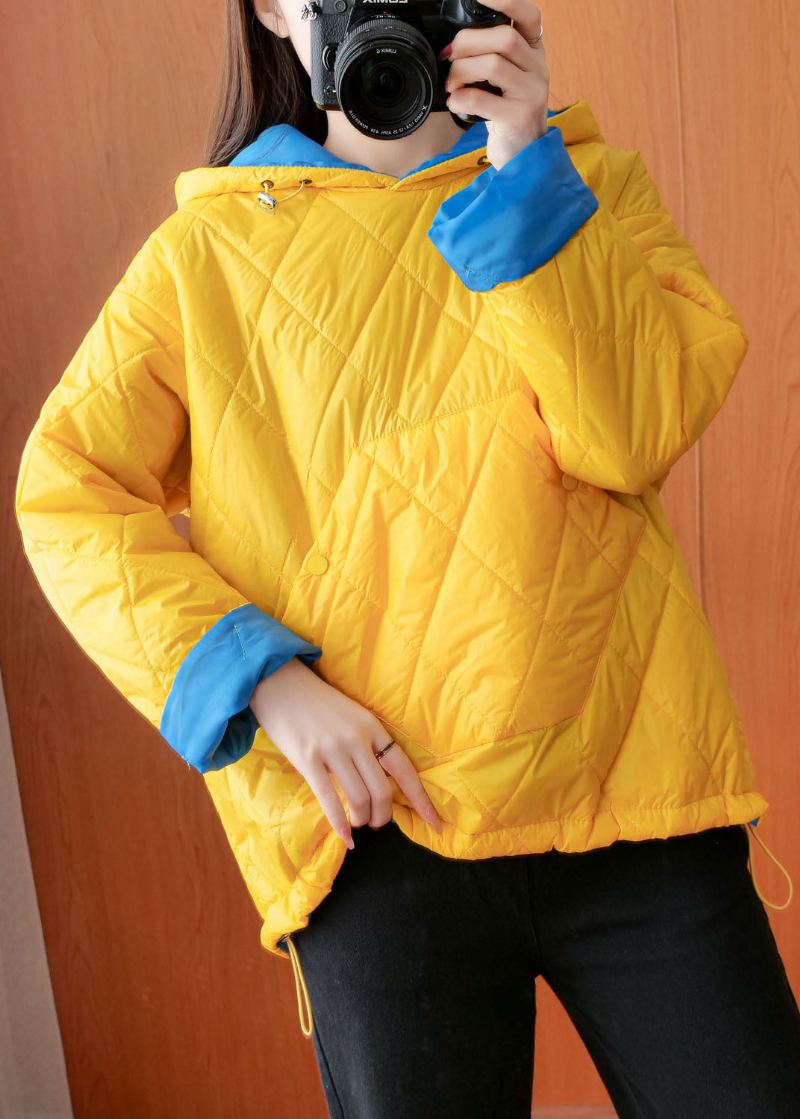 Manteau D'hiver Élégant Avec Poches À Capuche Jaunes Et Coton Fin - Doudounes femmes