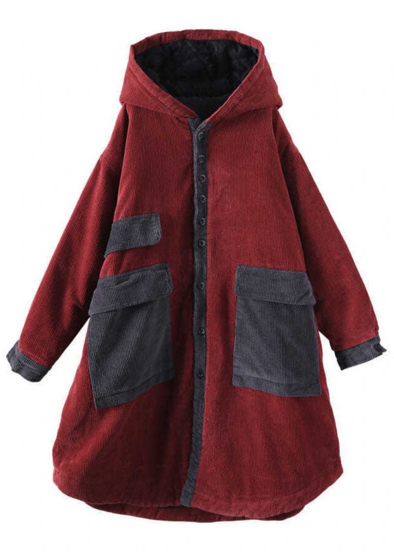 Manteau D'hiver Élégant À Capuche Rouge Avec Poches Et Boutons À Manches Longues - Doudounes femmes