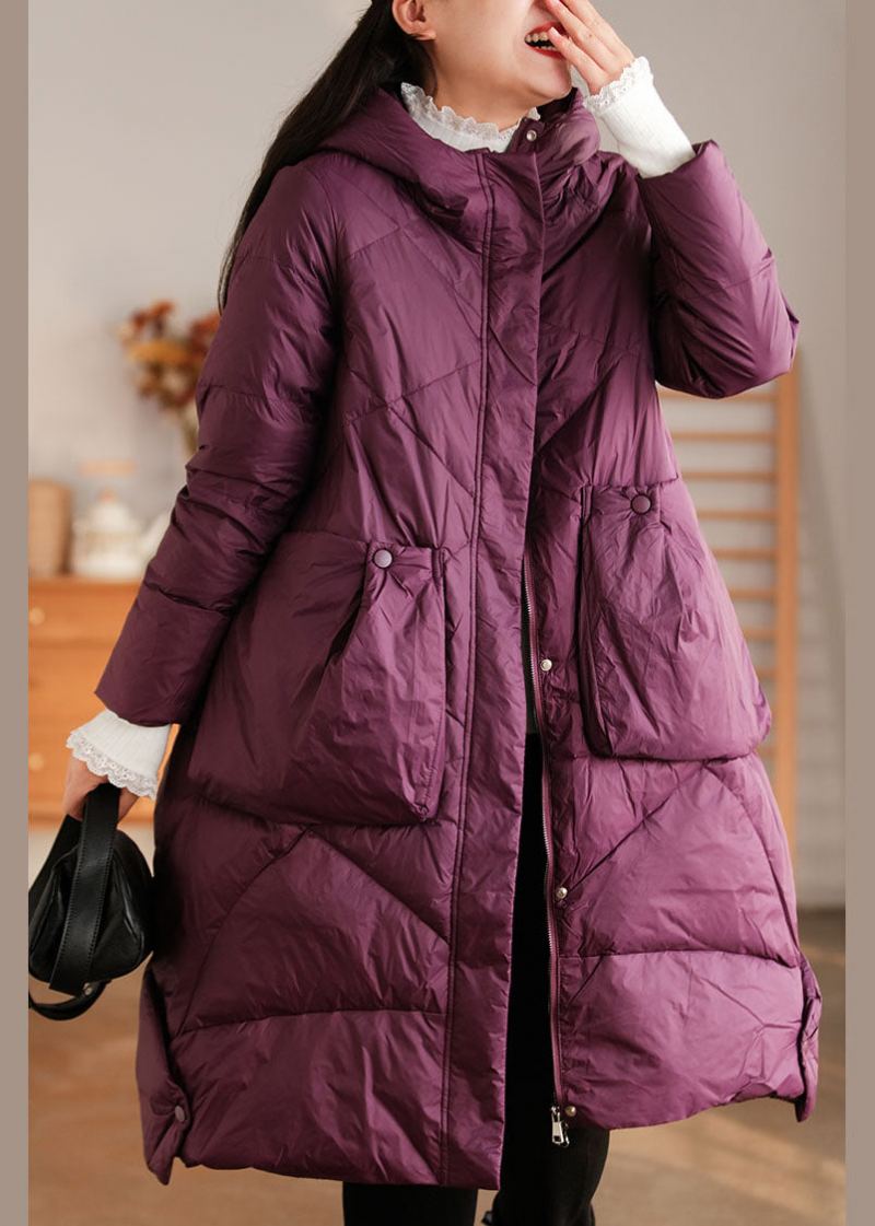 Manteau D'hiver Élégant En Duvet De Canard Avec Poches À Capuche Violet