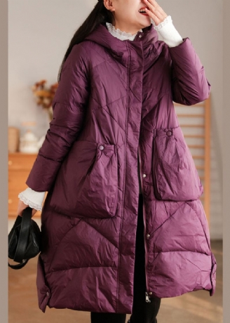 Manteau D'hiver Élégant En Duvet De Canard Avec Poches À Capuche Violet