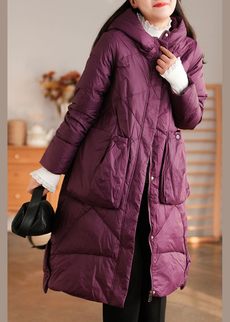 Manteau D'hiver Élégant En Duvet De Canard Avec Poches À Capuche Violet - Doudounes femmes