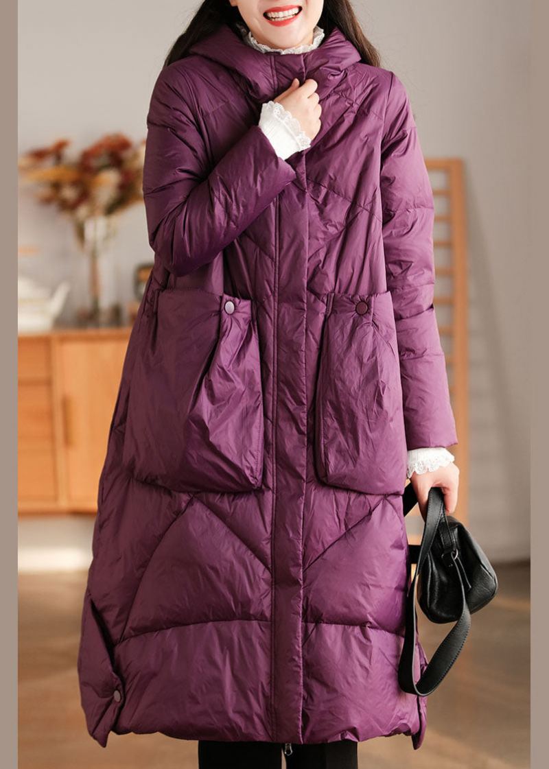 Manteau D'hiver Élégant En Duvet De Canard Avec Poches À Capuche Violet - Doudounes femmes