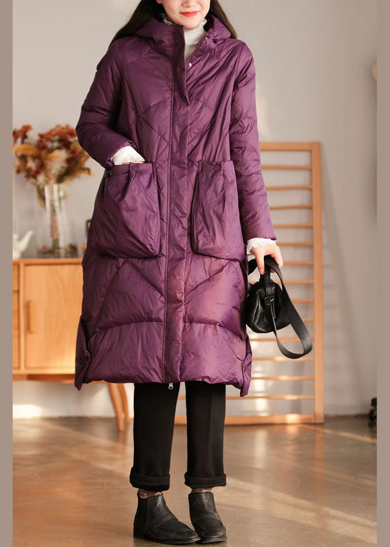 Manteau D'hiver Élégant En Duvet De Canard Avec Poches À Capuche Violet - Doudounes femmes