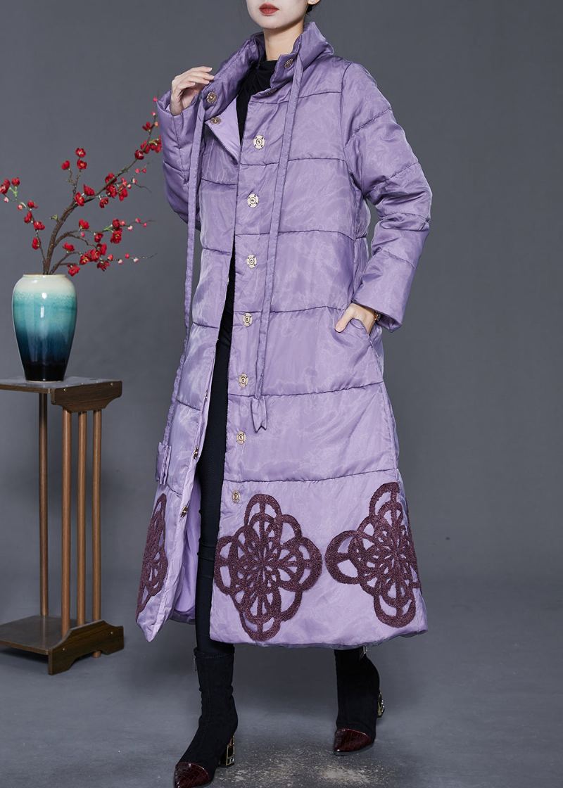 Manteau D'hiver Élégant En Duvet De Canard Brodé Violet - Doudounes femmes