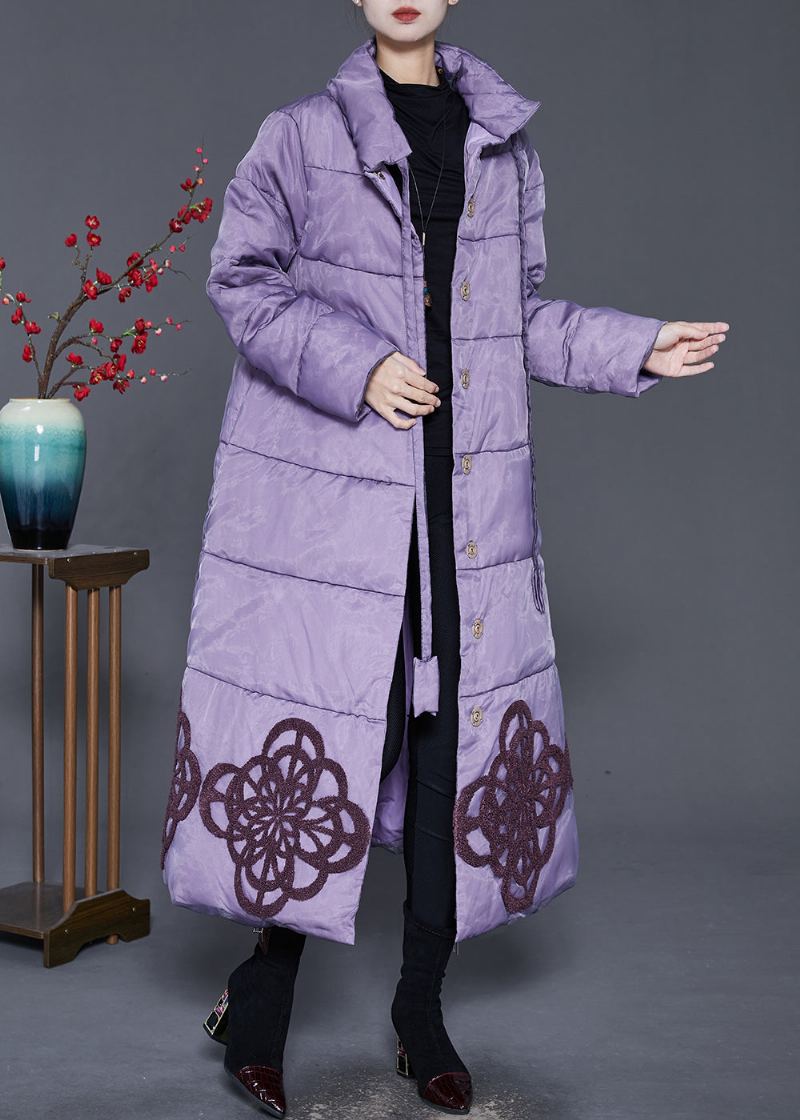 Manteau D'hiver Élégant En Duvet De Canard Brodé Violet - Doudounes femmes