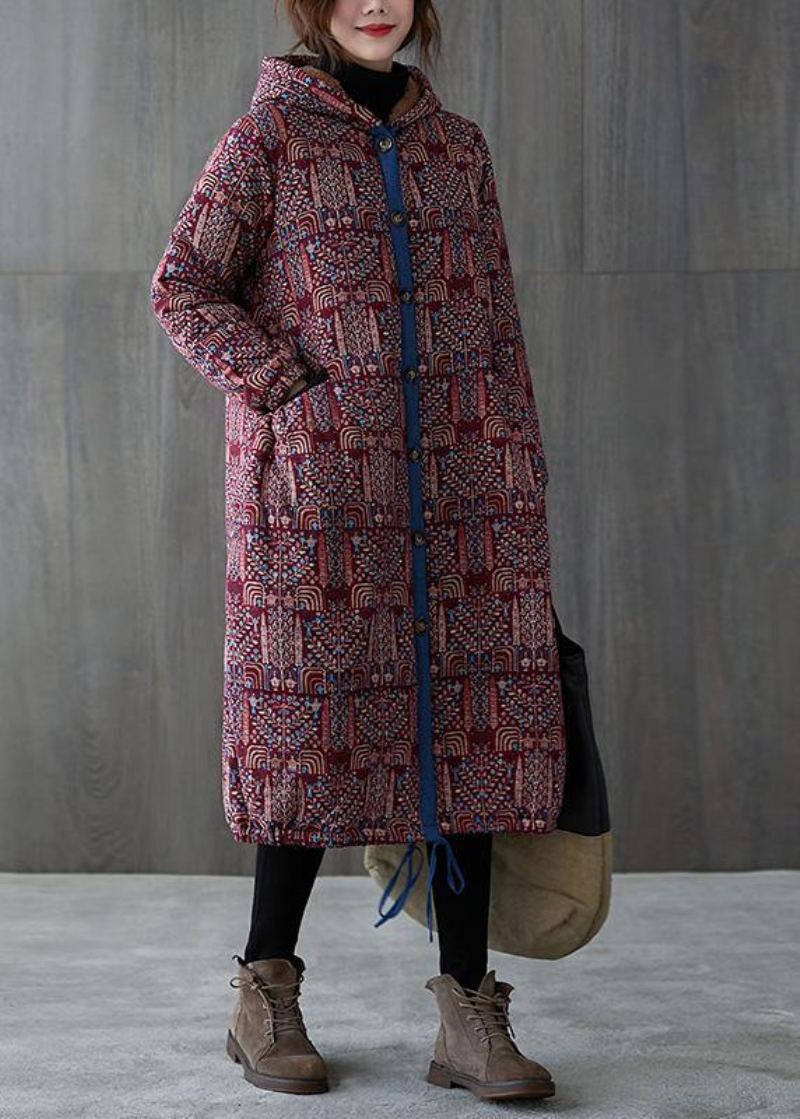 Manteau D'hiver Élégant Imprimé Bordeaux Grande Taille Chaud Capuche Cordon De Serrage - Bleu