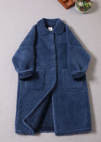 Manteau D'hiver Épais En Fausse Fourrure Bleu Unique Avec Col Peter Pan Et Boutons