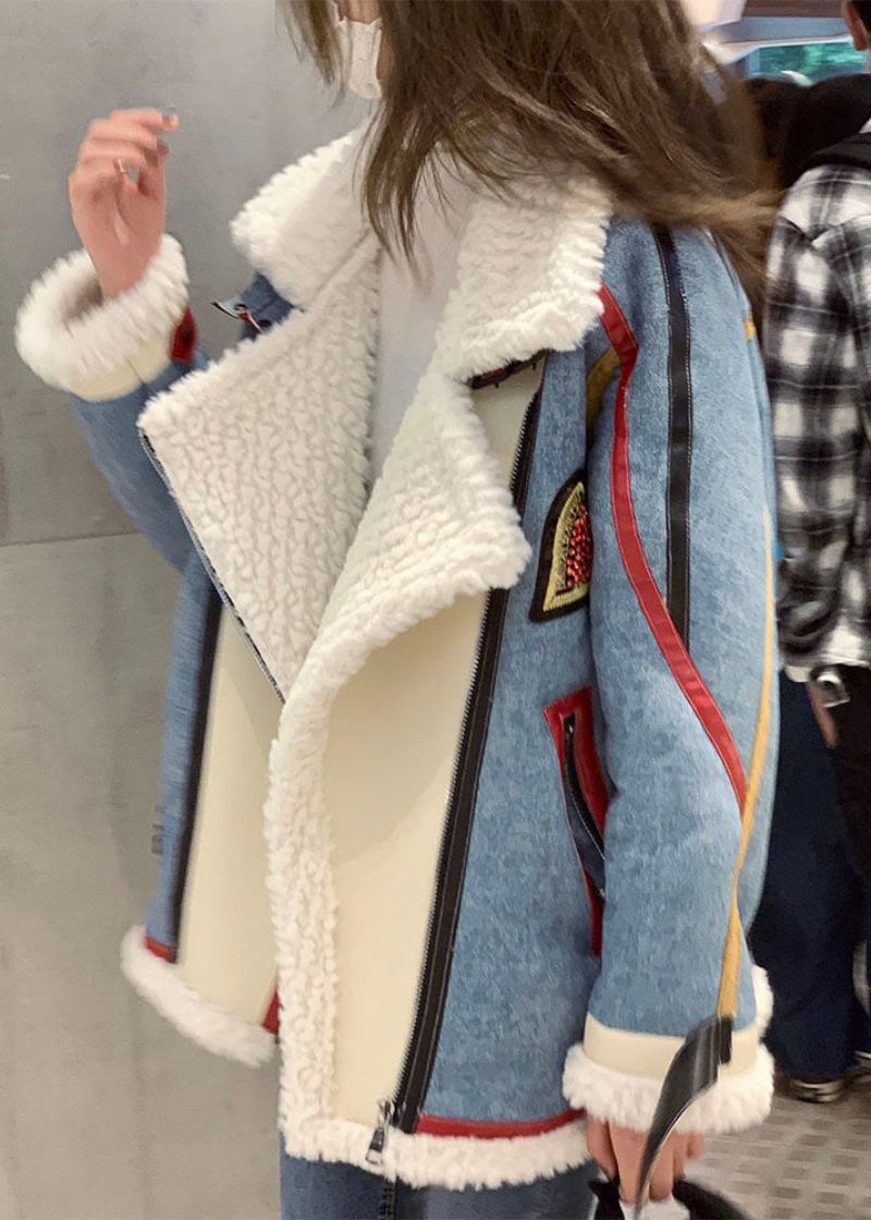 Manteau D'hiver En Fausse Fourrure Bleu Français Avec Fermeture Éclair Et Patchwork En Denim - Doudounes femmes