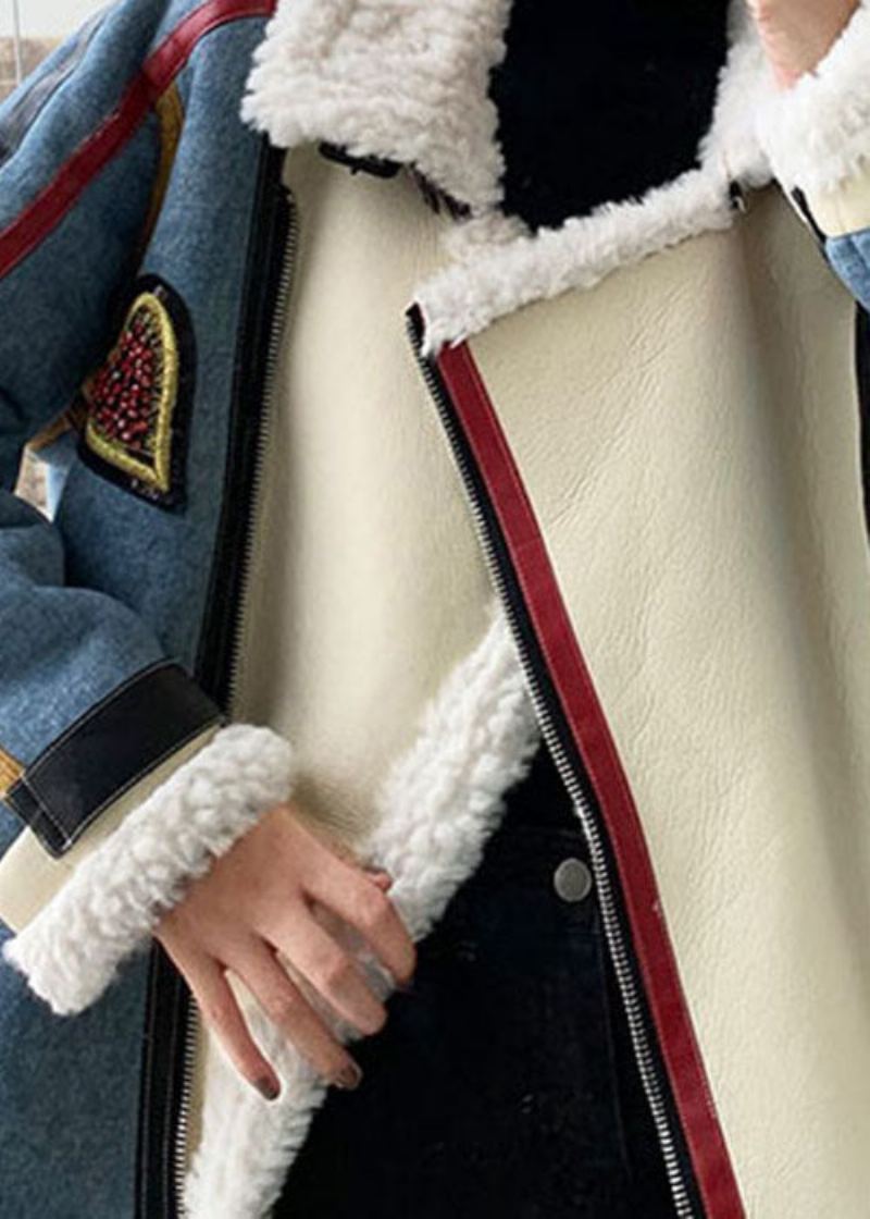 Manteau D'hiver En Fausse Fourrure Bleu Français Avec Fermeture Éclair Et Patchwork En Denim - Doudounes femmes