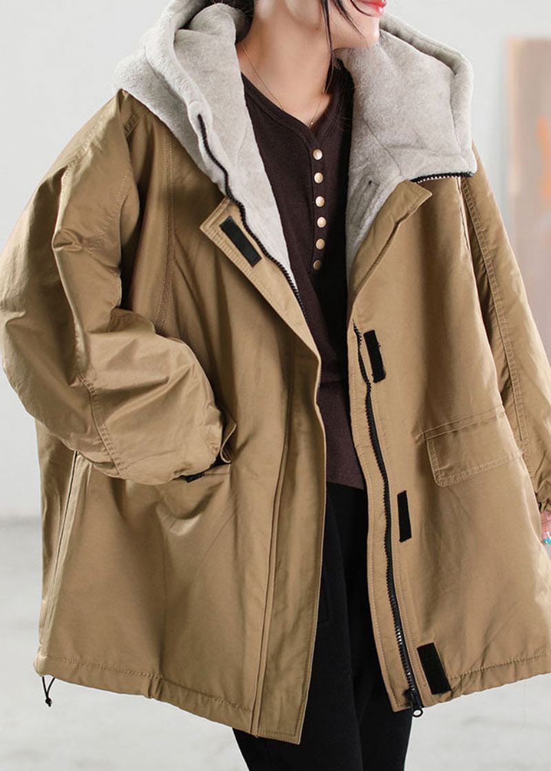 Manteau D'hiver En Fausse Fourrure À Capuche Kaki Grande Taille