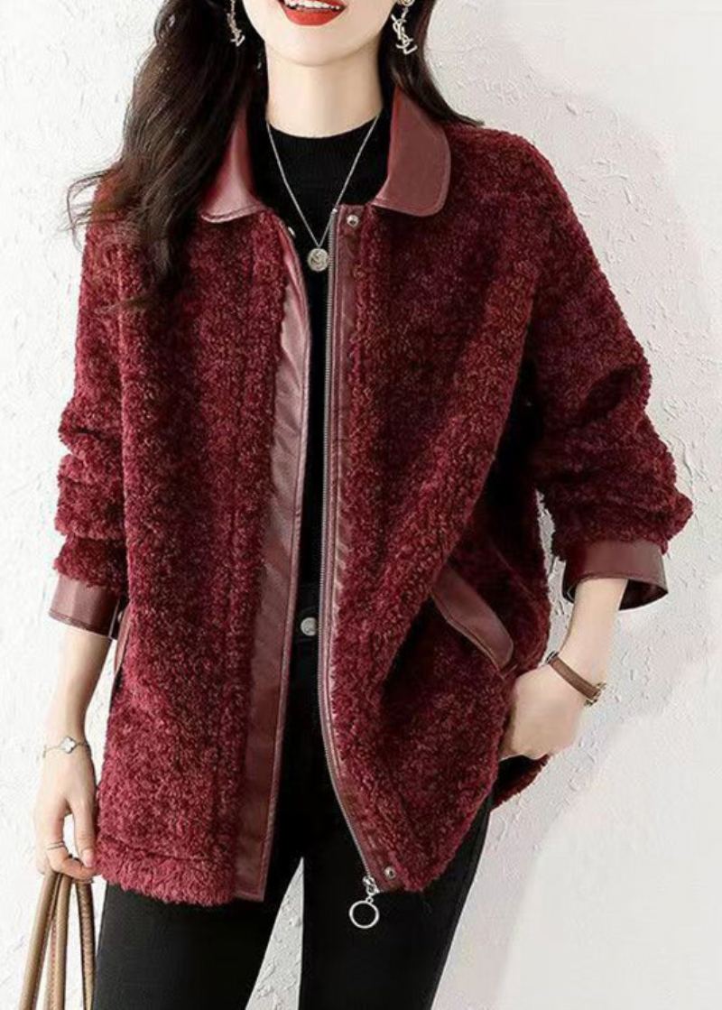 Manteau D'hiver En Fausse Fourrure Teddy Ample Rouge Vin Fermeture Éclair Patchwork