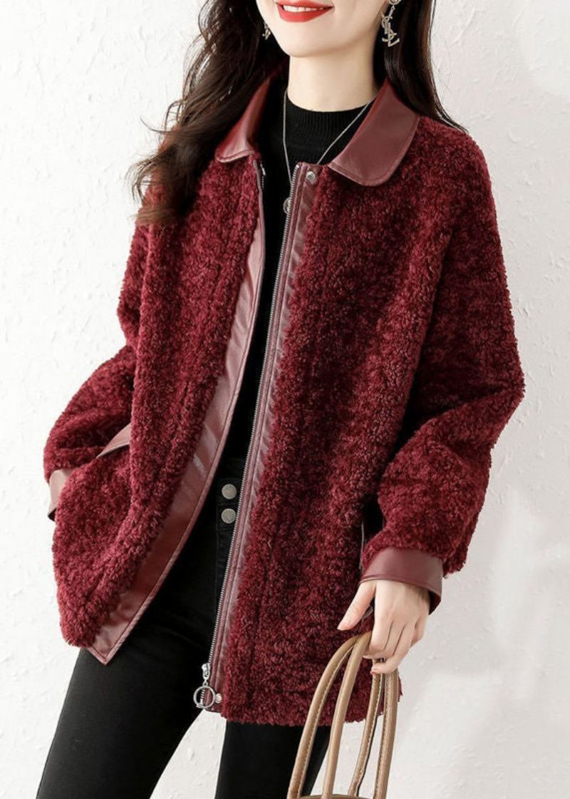 Manteau D'hiver En Fausse Fourrure Teddy Ample Rouge Vin Fermeture Éclair Patchwork - Doudounes femmes