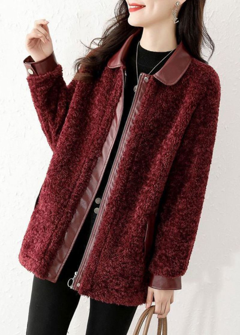 Manteau D'hiver En Fausse Fourrure Teddy Ample Rouge Vin Fermeture Éclair Patchwork - Doudounes femmes