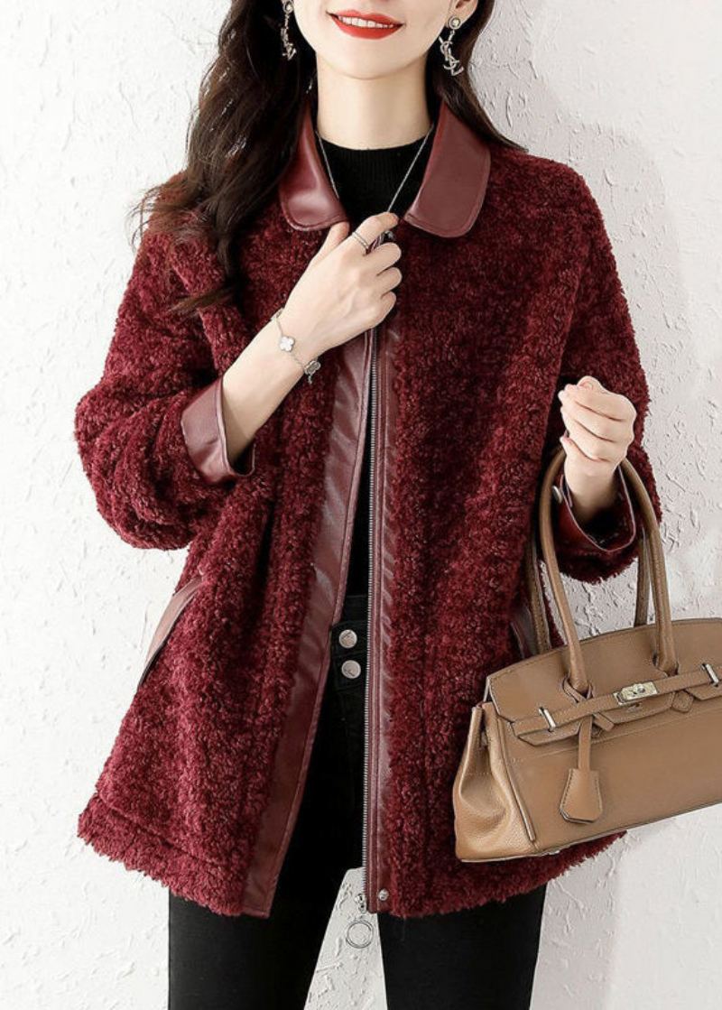 Manteau D'hiver En Fausse Fourrure Teddy Ample Rouge Vin Fermeture Éclair Patchwork - Doudounes femmes