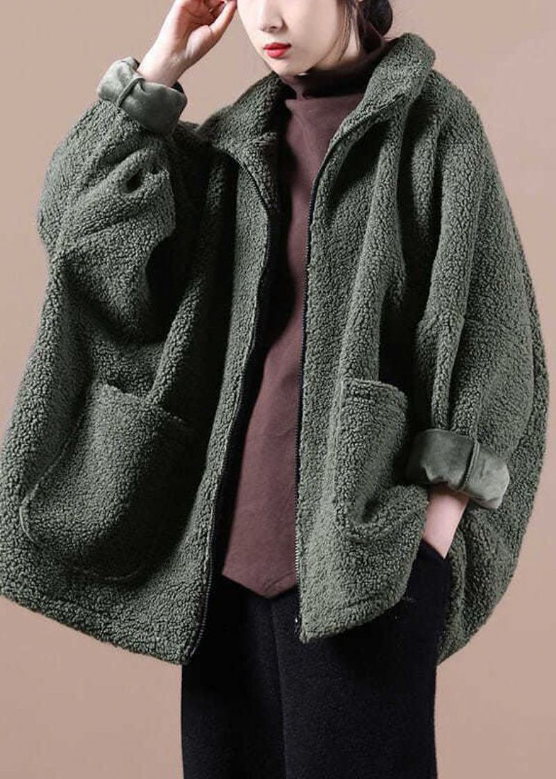 Manteau D'hiver En Fausse Fourrure Teddy À Fermeture Éclair Surdimensionné Vert De L'armée Italienne