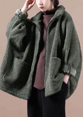 Manteau D'hiver En Fausse Fourrure Teddy À Fermeture Éclair Surdimensionné Vert De L'armée Italienne