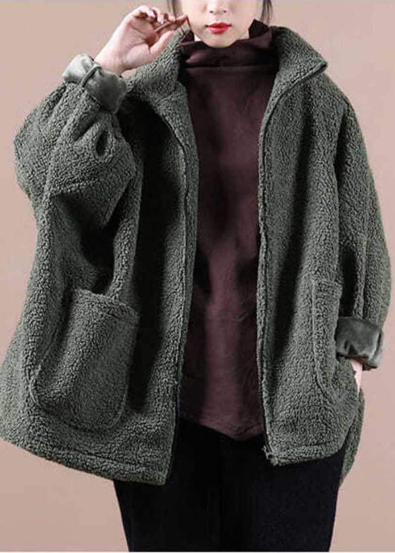 Manteau D'hiver En Fausse Fourrure Teddy À Fermeture Éclair Surdimensionné Vert De L'armée Italienne - Vert Armée