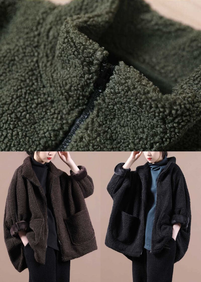 Manteau D'hiver En Fausse Fourrure Teddy À Fermeture Éclair Surdimensionné Vert De L'armée Italienne - Vert Armée