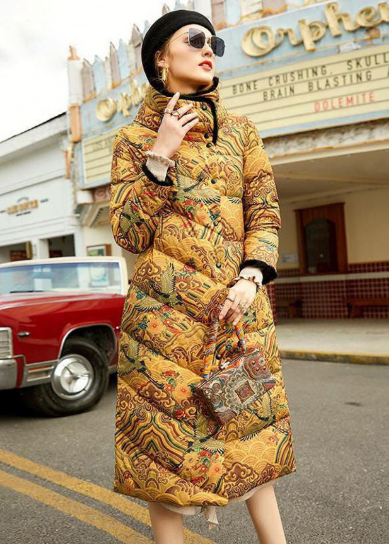 Manteau D'hiver Jaune Français Avec Poches À Col Peter Pan Patchwork En Coton Fin Rempli - Doudounes femmes