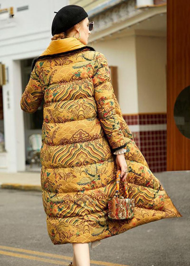 Manteau D'hiver Jaune Français Avec Poches À Col Peter Pan Patchwork En Coton Fin Rempli - Doudounes femmes