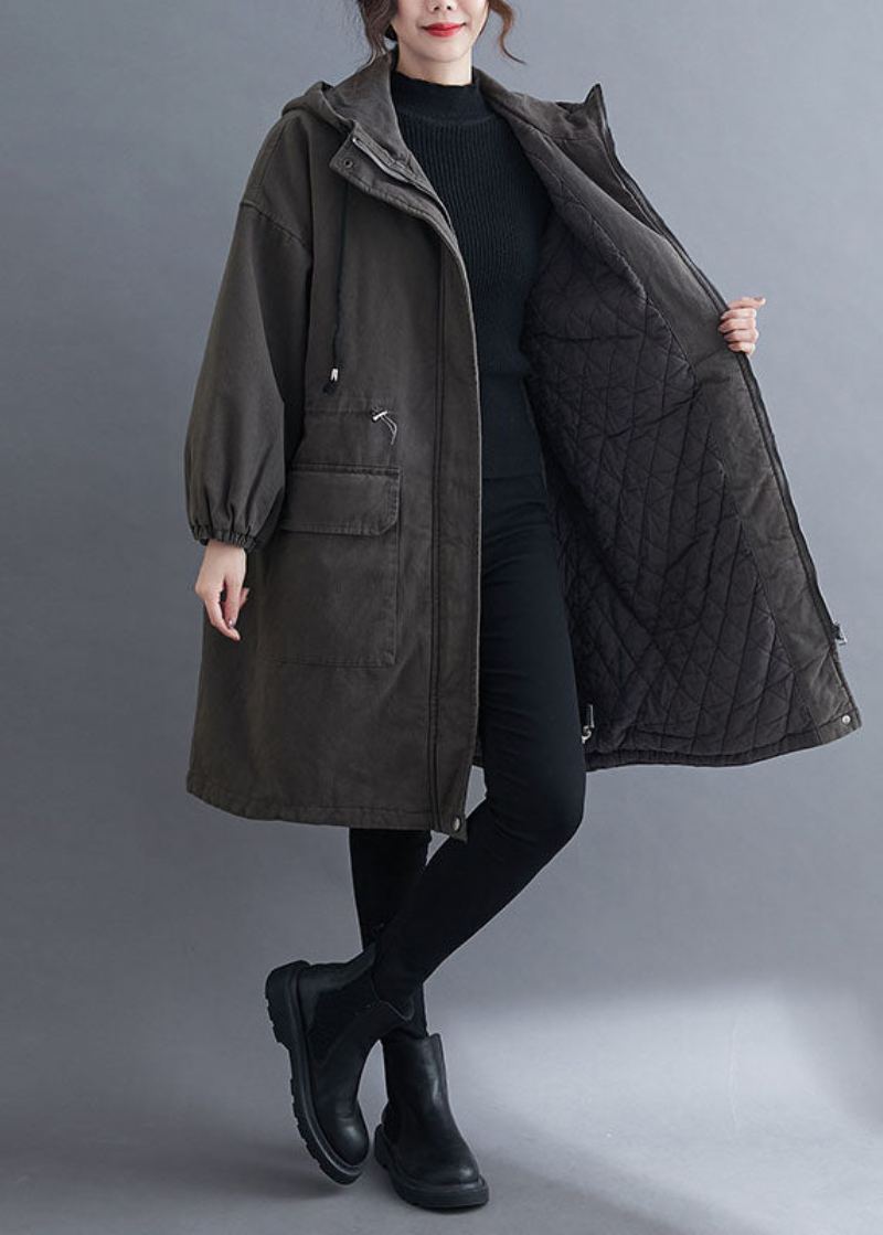 Manteau D'hiver À Manches Longues À Capuche Et Poches Zippées Gris Biologique - Doudounes femmes