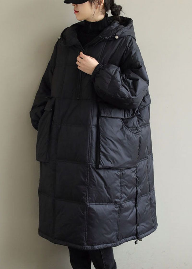 Manteau D'hiver Noir À Capuche En Coton Fin De Grande Taille