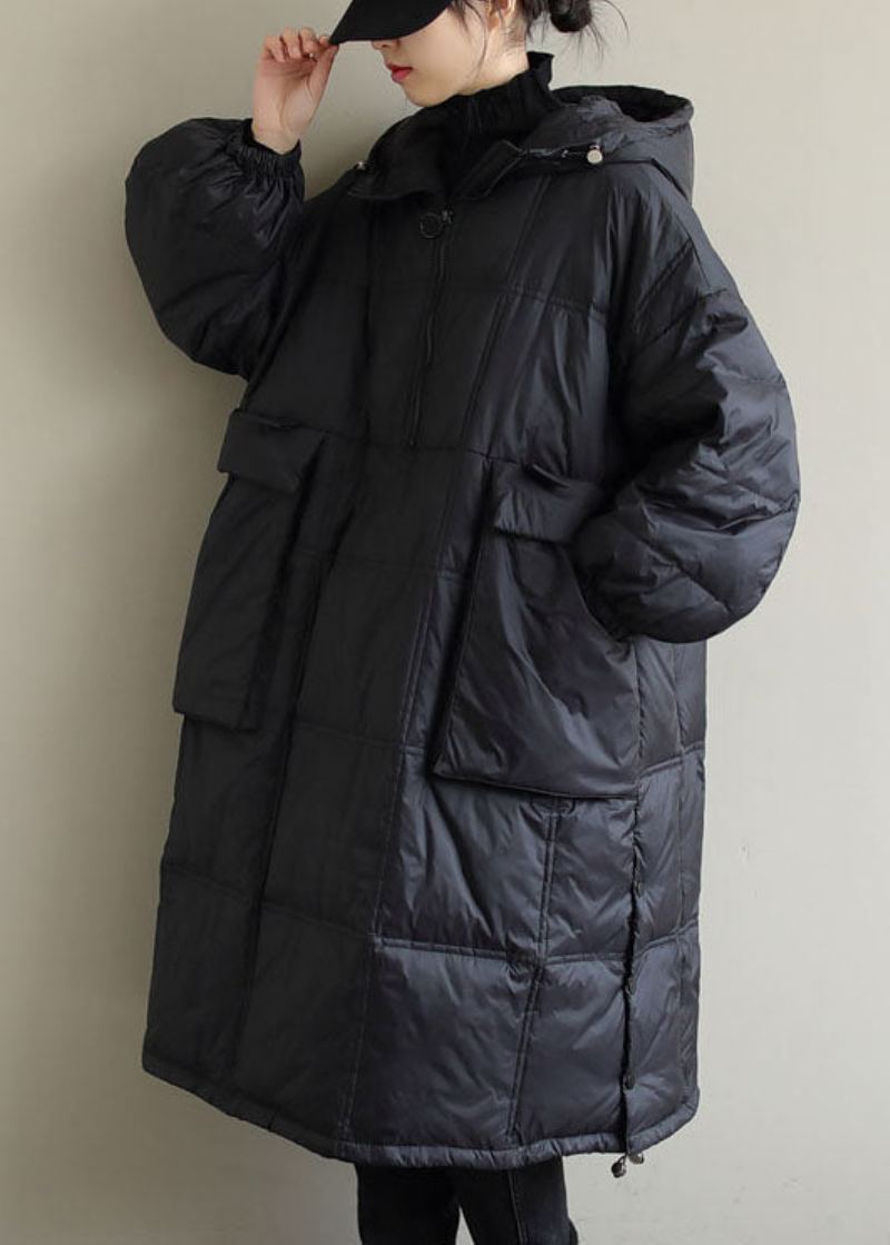 Manteau D'hiver Noir À Capuche En Coton Fin De Grande Taille - Noir