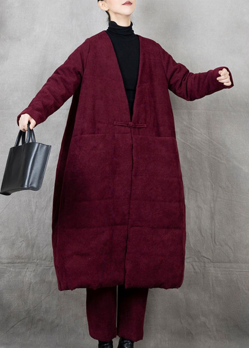 Manteau D'hiver Noir En Coton Fin Col En V Bouton Chinois Grande Taille - Doudounes femmes