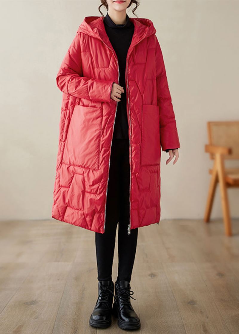 Manteau D'hiver Rempli De Coton Fin Avec Poches À Capuche Rouges De Grande Taille