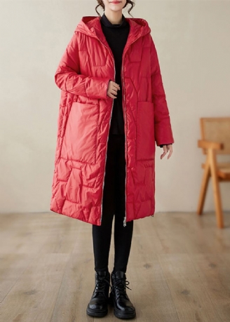 Manteau D'hiver Rempli De Coton Fin Avec Poches À Capuche Rouges De Grande Taille