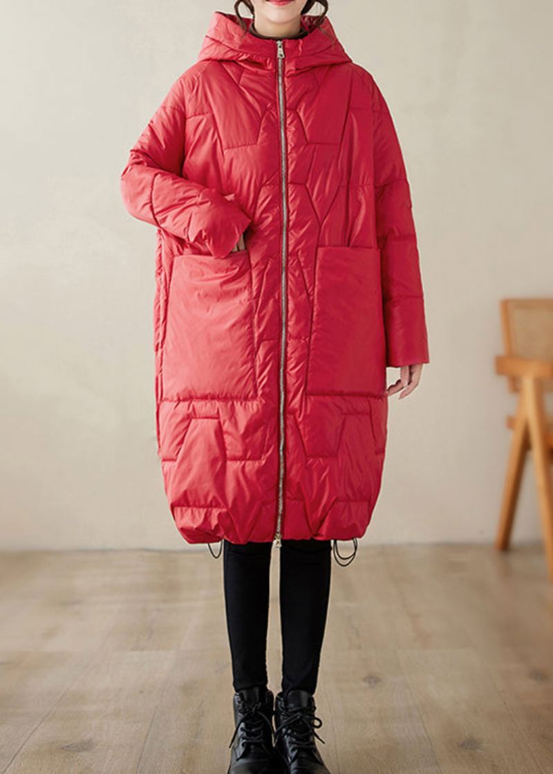 Manteau D'hiver Rempli De Coton Fin Avec Poches À Capuche Rouges De Grande Taille - Doudounes femmes