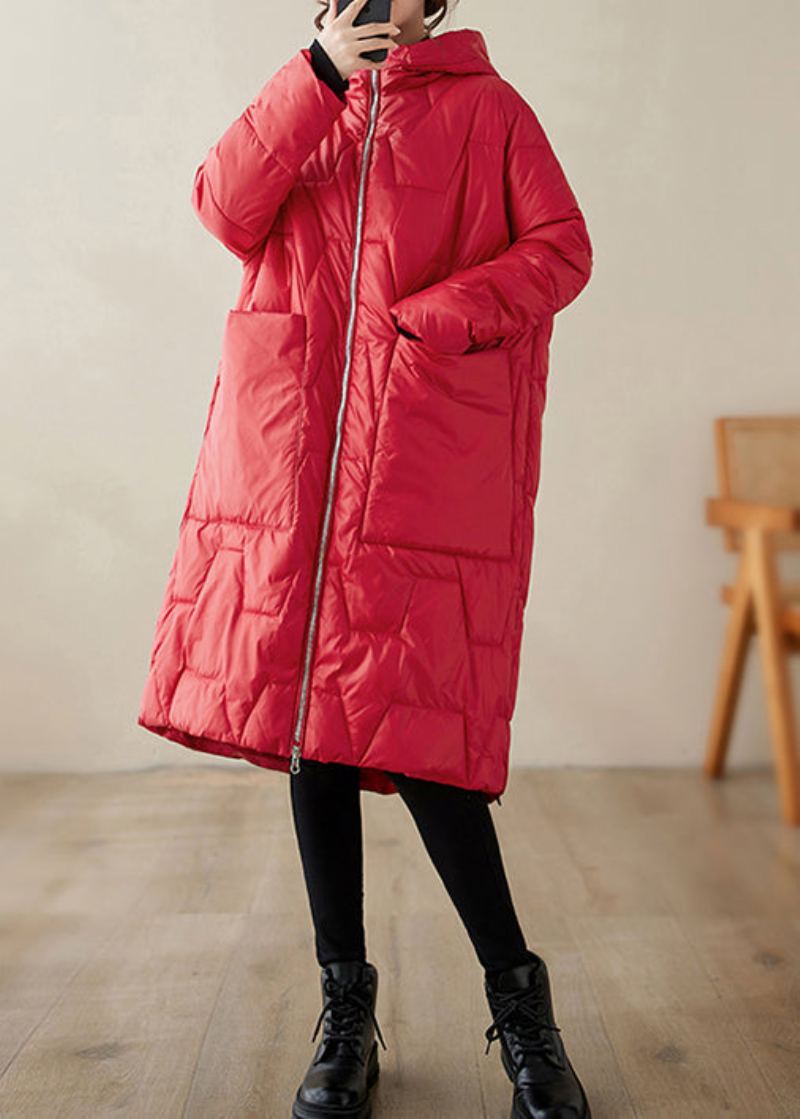 Manteau D'hiver Rempli De Coton Fin Avec Poches À Capuche Rouges De Grande Taille - Doudounes femmes