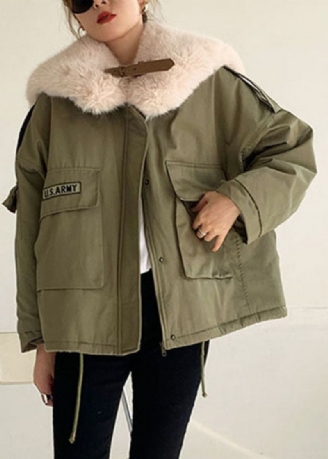 Manteau D'hiver Rempli De Coton Fin Avec Poches Et Col En Renard Vert