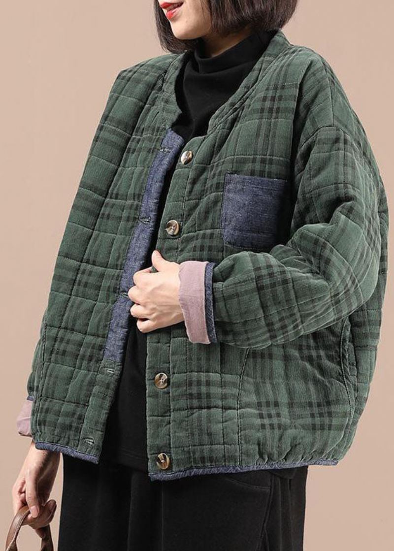 Manteau D'hiver Rempli De Coton Fin Patchwork À Carreaux Vert