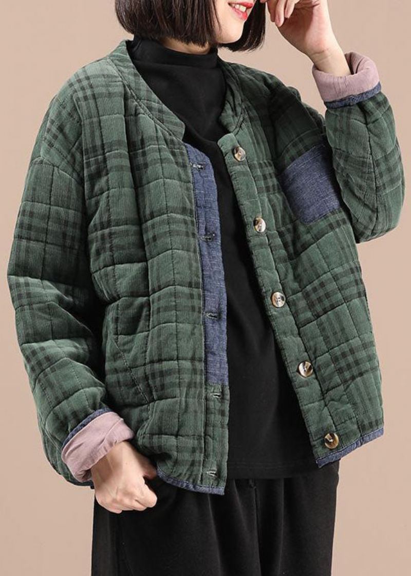 Manteau D'hiver Rempli De Coton Fin Patchwork À Carreaux Vert - Vert