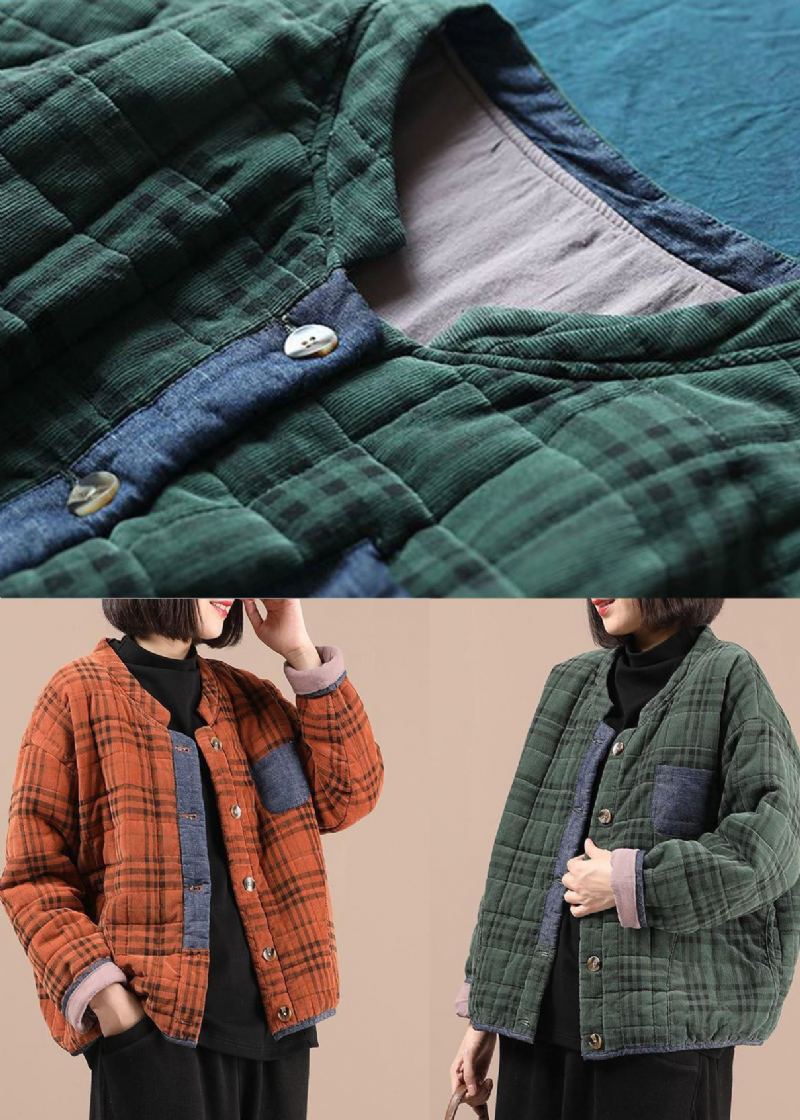 Manteau D'hiver Rempli De Coton Fin Patchwork À Carreaux Vert - Vert