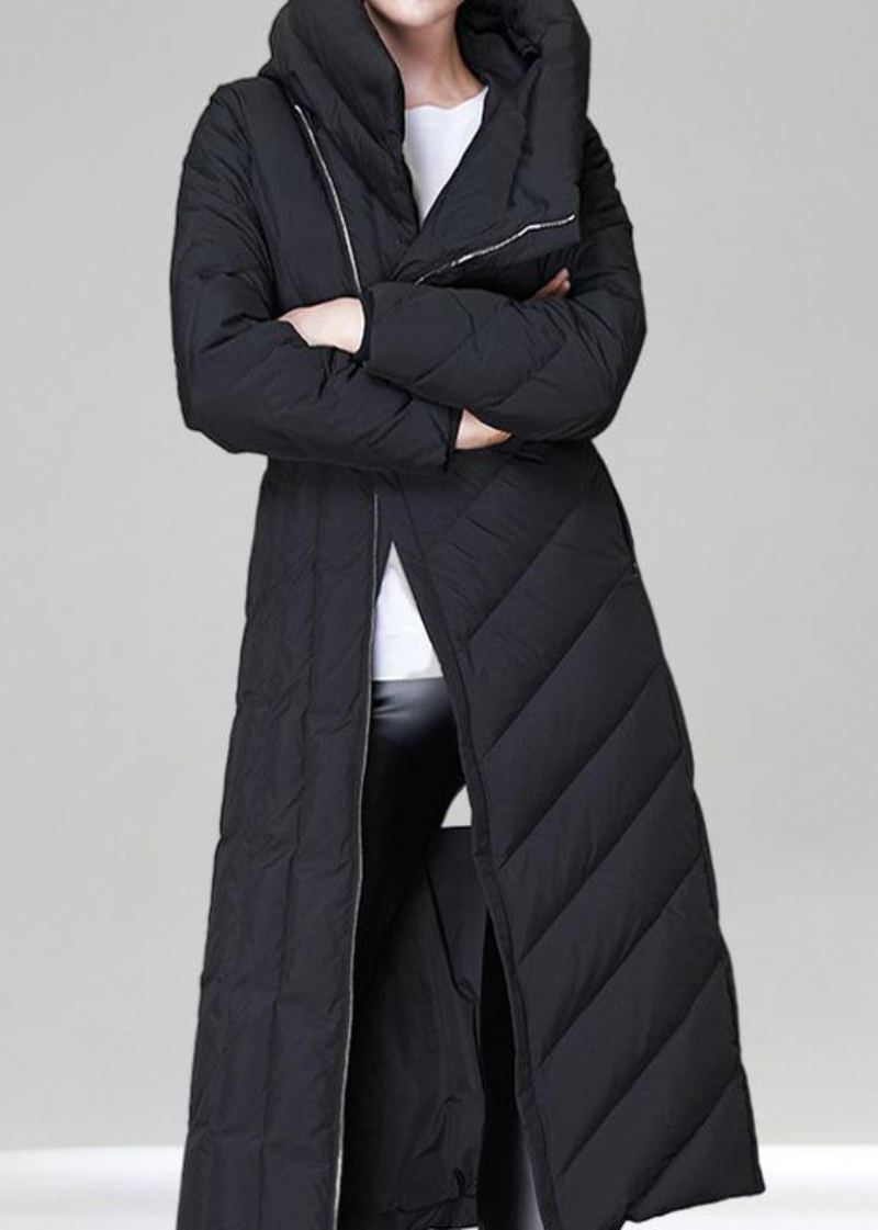 Manteau Italien Noir À Capuche Fermeture Éclair Cravate À La Taille Duvet De Canard Manches Longues - Doudounes femmes