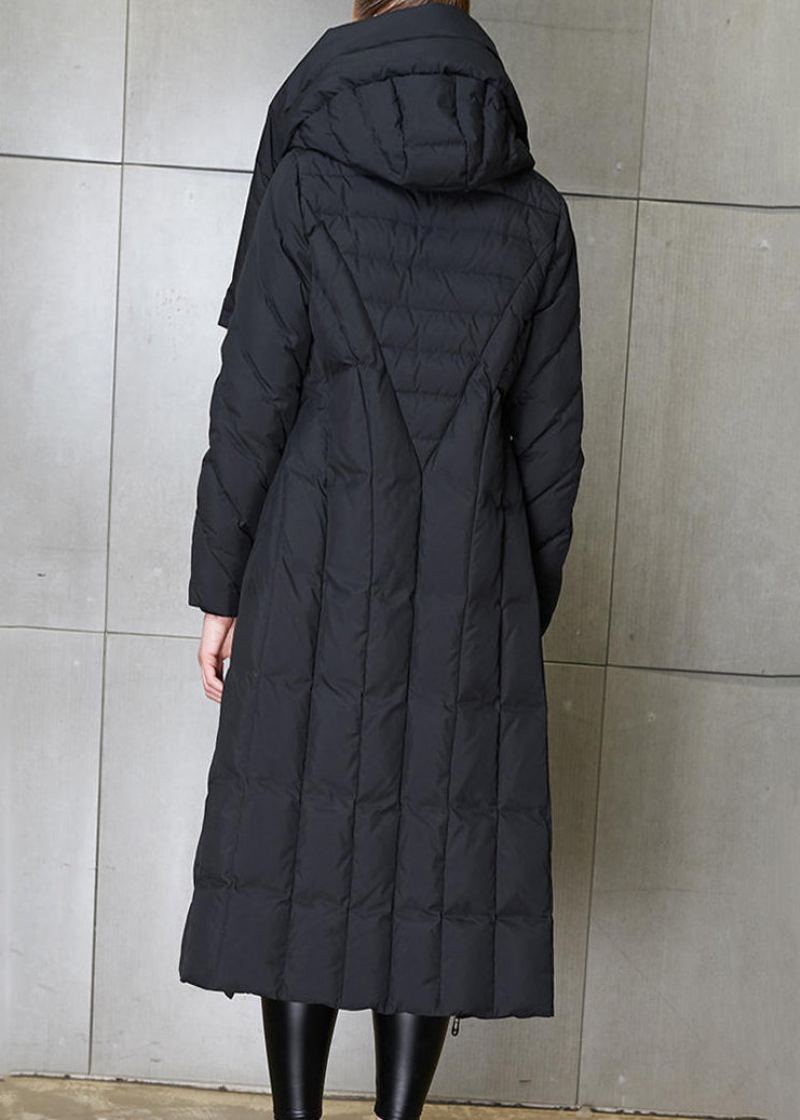 Manteau Italien Noir À Capuche Fermeture Éclair Cravate À La Taille Duvet De Canard Manches Longues - Doudounes femmes