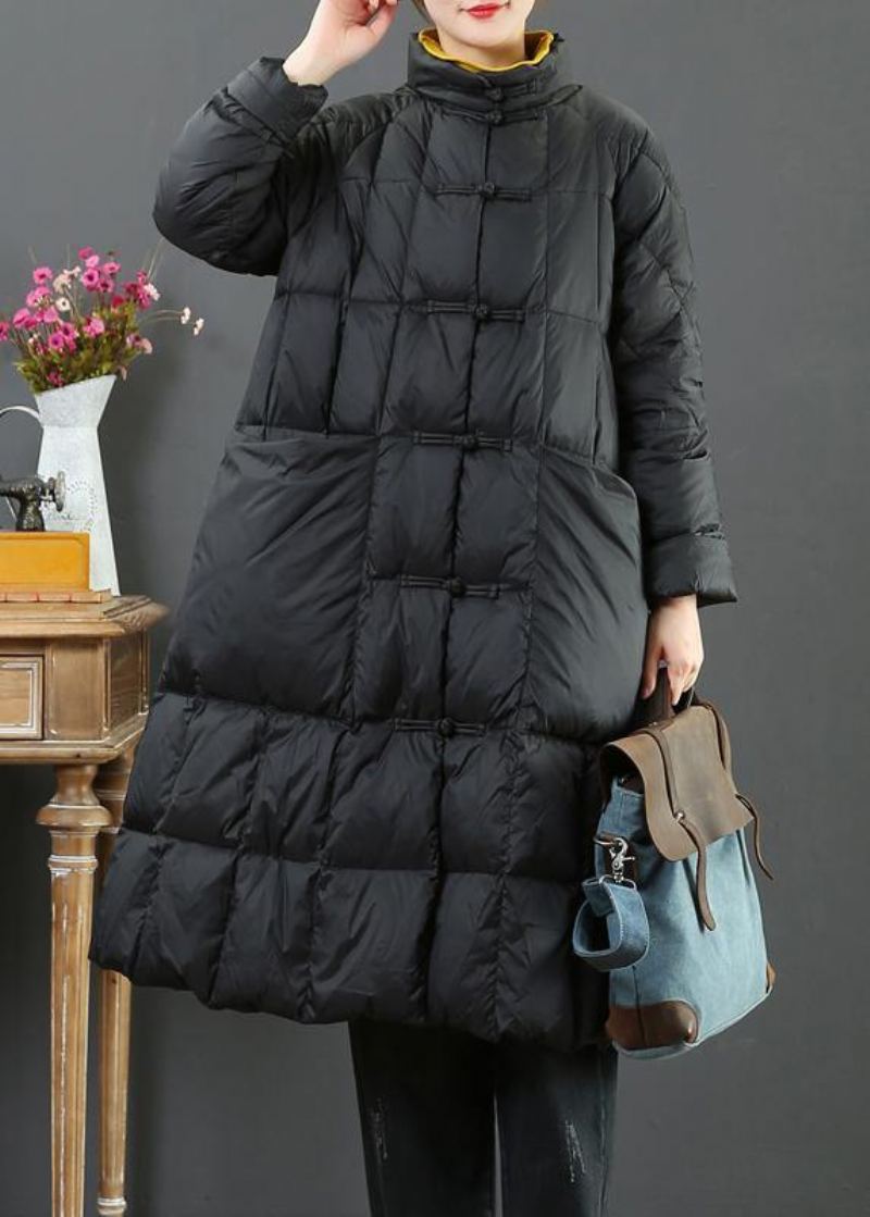 Manteau Long Ample Et Fin Veste D'hiver Col Montant Noir Boutons Chinois Vêtements D'extérieur En Laine