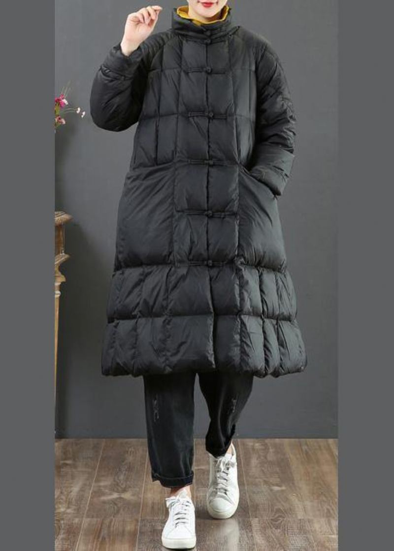 Manteau Long Ample Et Fin Veste D'hiver Col Montant Noir Boutons Chinois Vêtements D'extérieur En Laine - Doudounes femmes