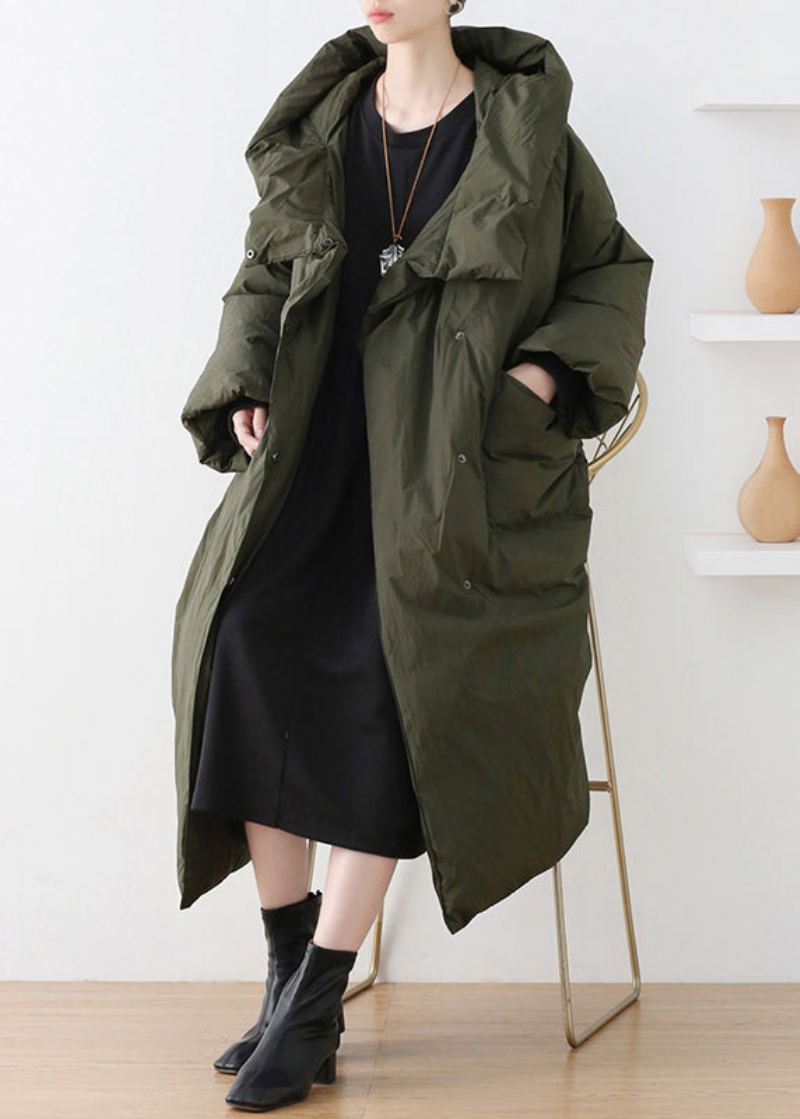 Manteau Long À Capuche En Duvet De Canard Avec Fermeture Éclair Et Col Roulé Vert Armée Décontracté Pour L'hiver