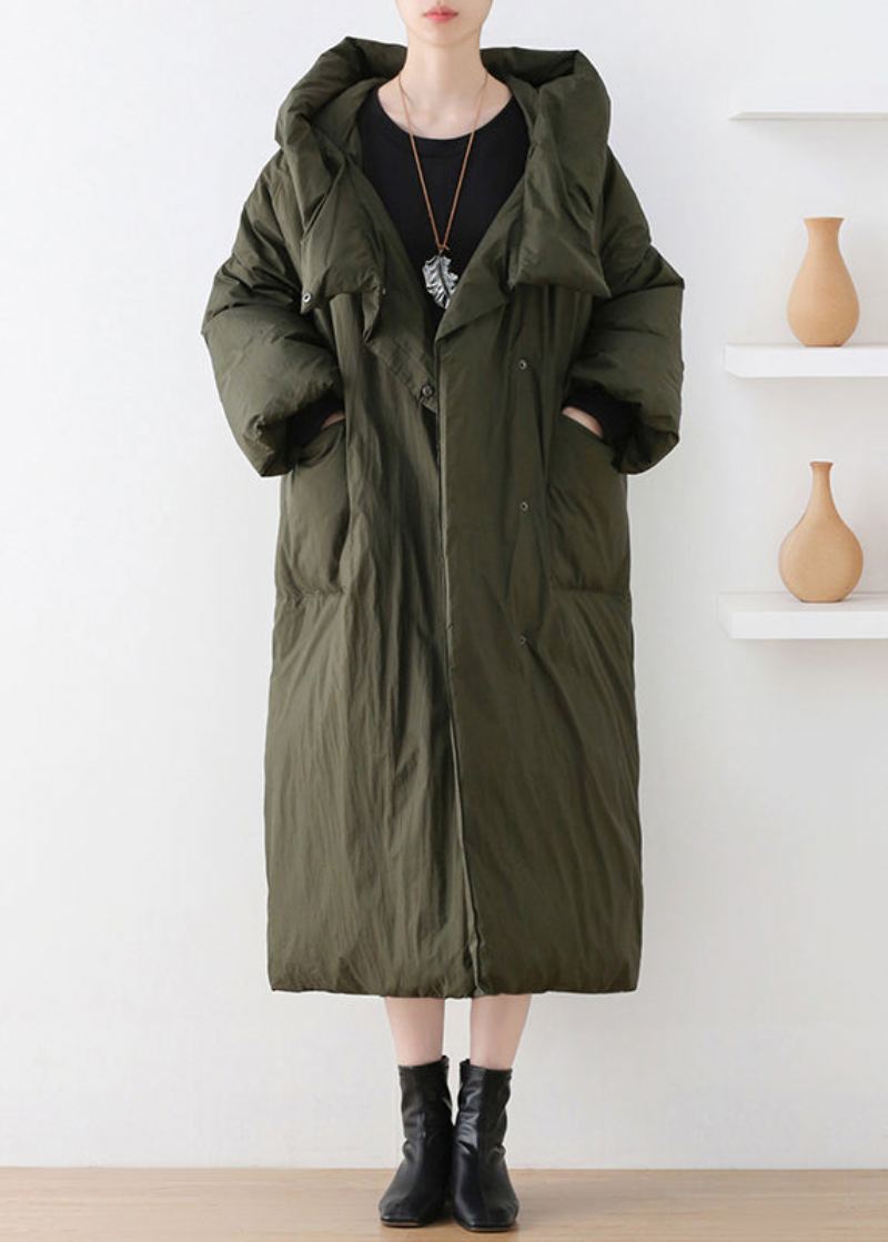 Manteau Long À Capuche En Duvet De Canard Avec Fermeture Éclair Et Col Roulé Vert Armée Décontracté Pour L'hiver - Vert Armée