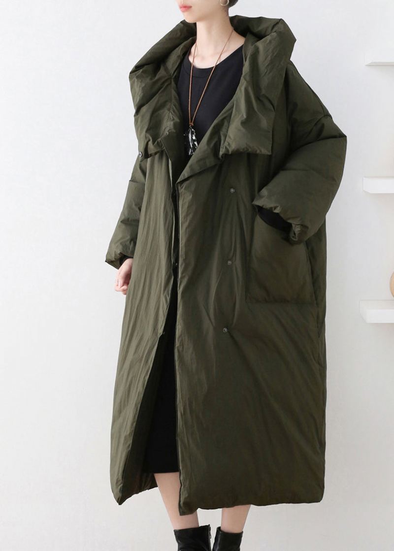 Manteau Long À Capuche En Duvet De Canard Avec Fermeture Éclair Et Col Roulé Vert Armée Décontracté Pour L'hiver - Vert Armée