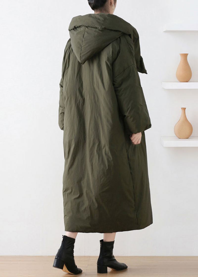 Manteau Long À Capuche En Duvet De Canard Avec Fermeture Éclair Et Col Roulé Vert Armée Décontracté Pour L'hiver - Vert Armée