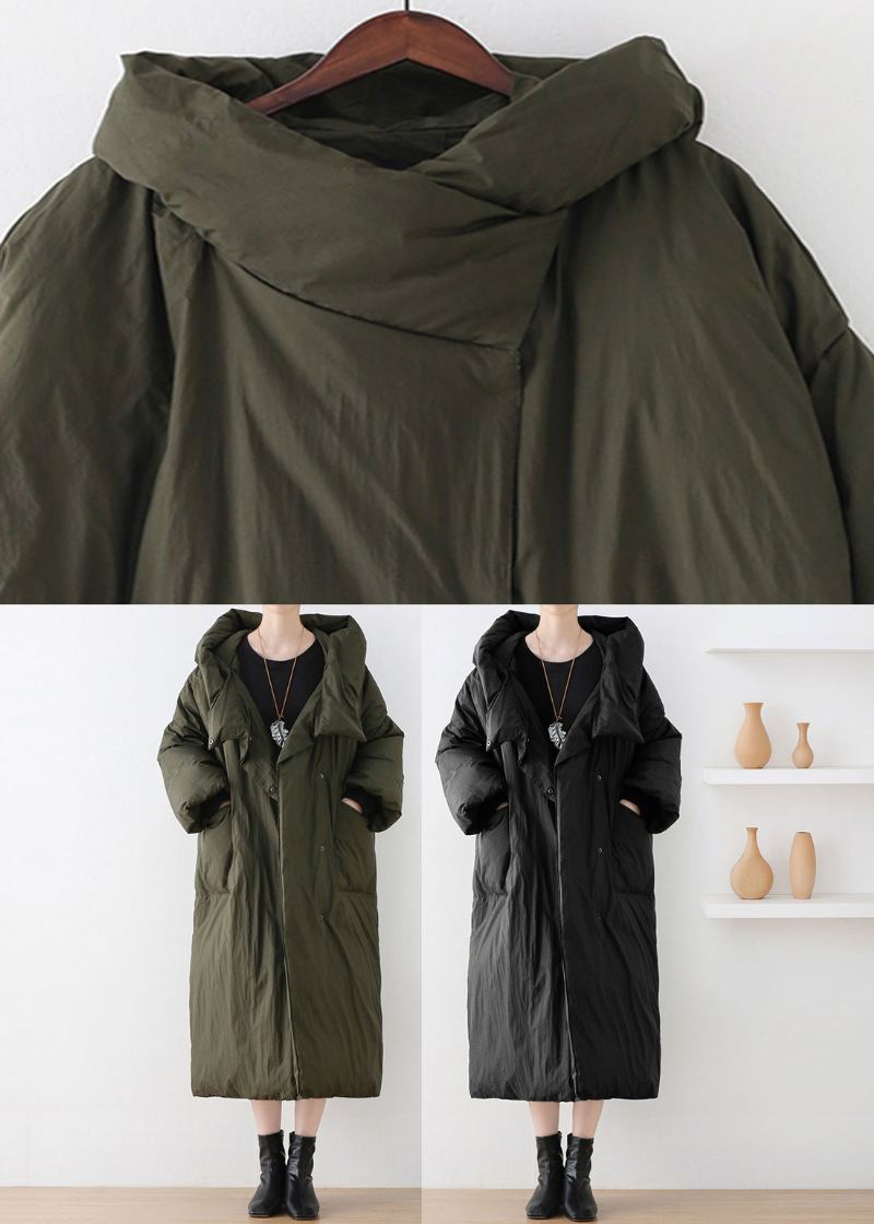 Manteau Long À Capuche En Duvet De Canard Avec Fermeture Éclair Et Col Roulé Vert Armée Décontracté Pour L'hiver - Vert Armée